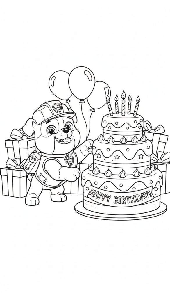 Zwart-wit kleurplaat van Rubble van Paw Patrol die een verjaardag viert met een grote taart, kaarsjes, cadeautjes en ballonnen.