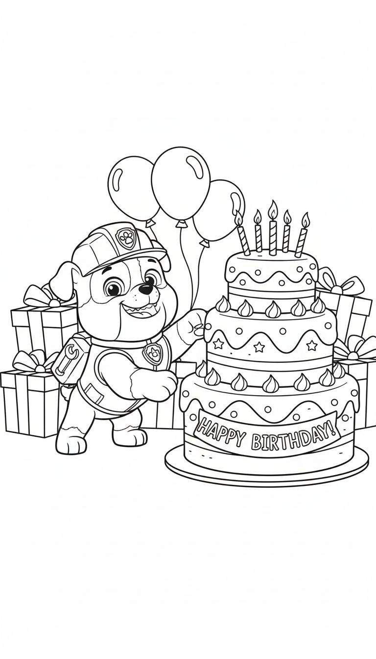 Zwart-wit kleurplaat van Rubble van Paw Patrol die een verjaardag viert met een grote taart, kaarsjes, cadeautjes en ballonnen.