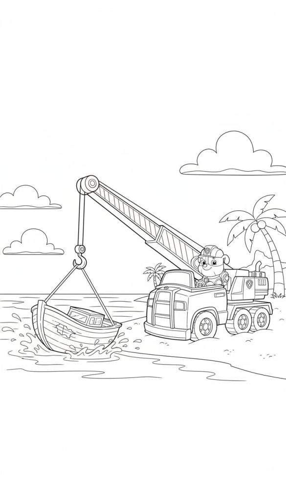 Lijntekening van Rubble (Paw Patrol) in een kraanwagen op het strand, die een houten bootje uit het water hijst. De kraanarm is uitgestrekt en waterspatten omringen het bootje. Palmboompjes en wolken zijn op de achtergrond zichtbaar.