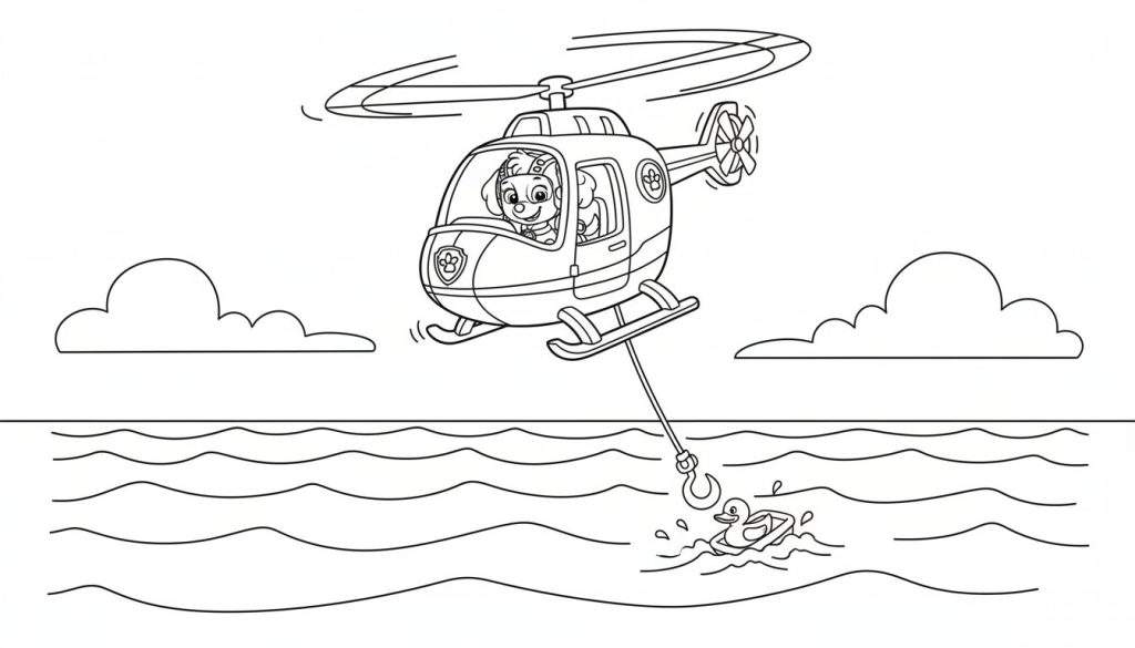 Skye (Paw Patrol) puppy in helikopter met piloothelm, redt een speelgoedeendje uit golvend water met een takel. Wolken aan de hemel.