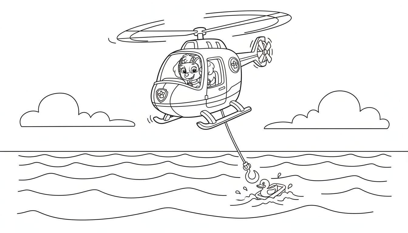 Skye (Paw Patrol) puppy in helikopter met piloothelm, redt een speelgoedeendje uit golvend water met een takel. Wolken aan de hemel.