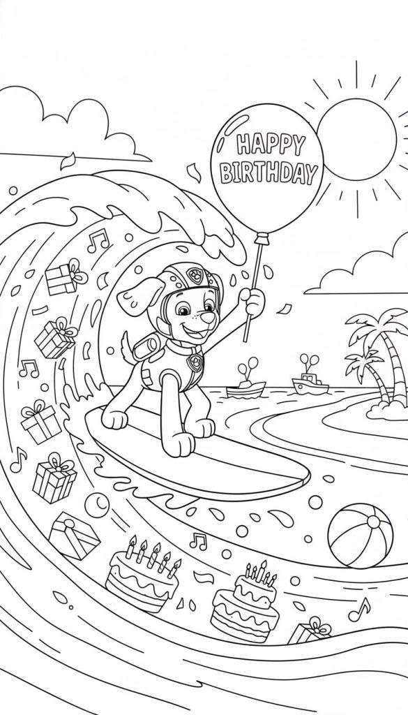 Kleurplaat van een vrolijke hond (zoals Zuma) met helm en reddingsvest op een surfplank, die surft op een grote golf vol cadeautjes en taarten, met een 'HAPPY BIRTHDAY' ballon in poot en een strand op de achtergrond.