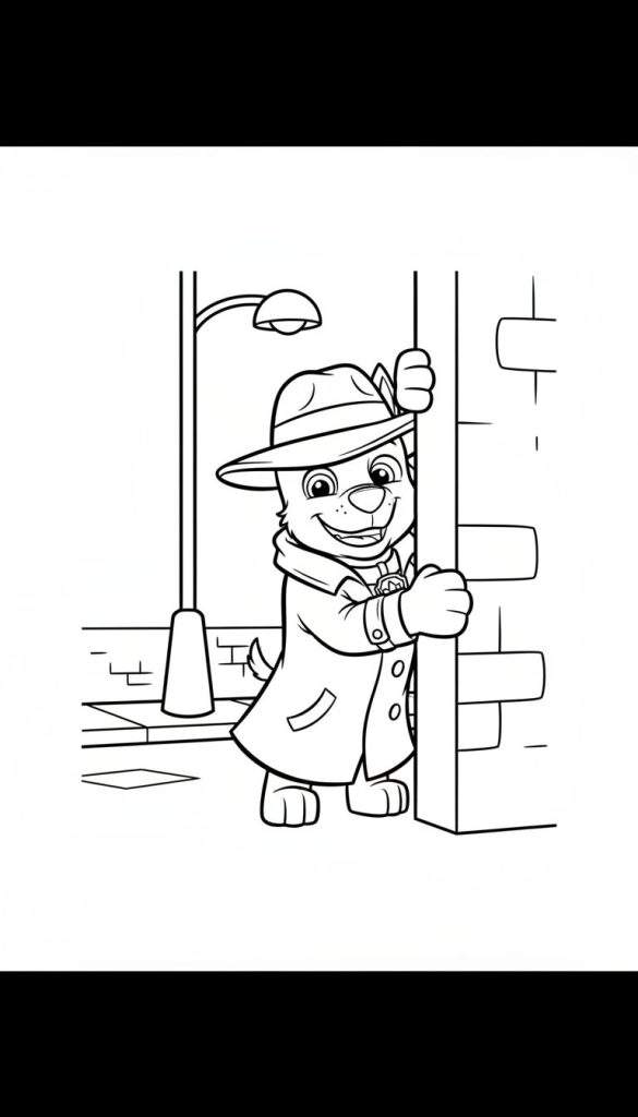 Kleurplaat van vrolijk hondje Chase als detective, glurend achter een muur met hoed en trenchcoat.