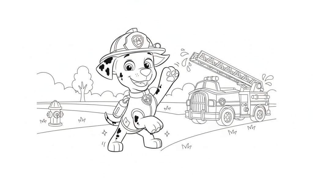 Kleurplaat van Marshall van Paw Patrol, de vrolijke brandweerman dalmatiër, zwaaiend naast een brandweerwagen die water spuit. Inclusief brandkraan, gras, bomen en wolken.