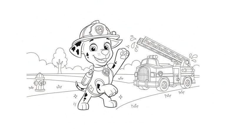 Kleurplaat van Marshall van Paw Patrol, de vrolijke brandweerman dalmatiër, zwaaiend naast een brandweerwagen die water spuit. Inclusief brandkraan, gras, bomen en wolken.