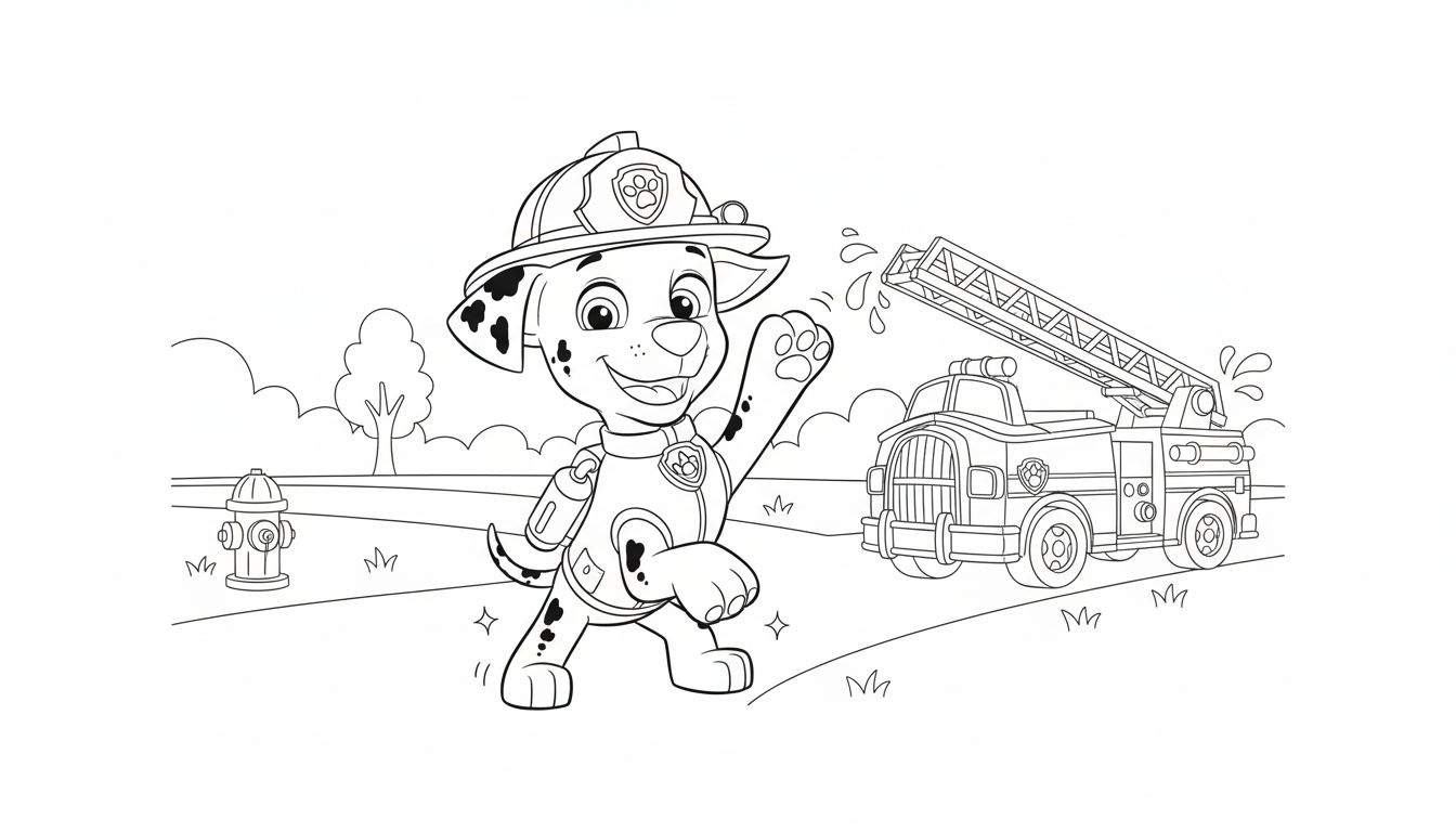 Kleurplaat van Marshall van Paw Patrol, de vrolijke brandweerman dalmatiër, zwaaiend naast een brandweerwagen die water spuit. Inclusief brandkraan, gras, bomen en wolken.
