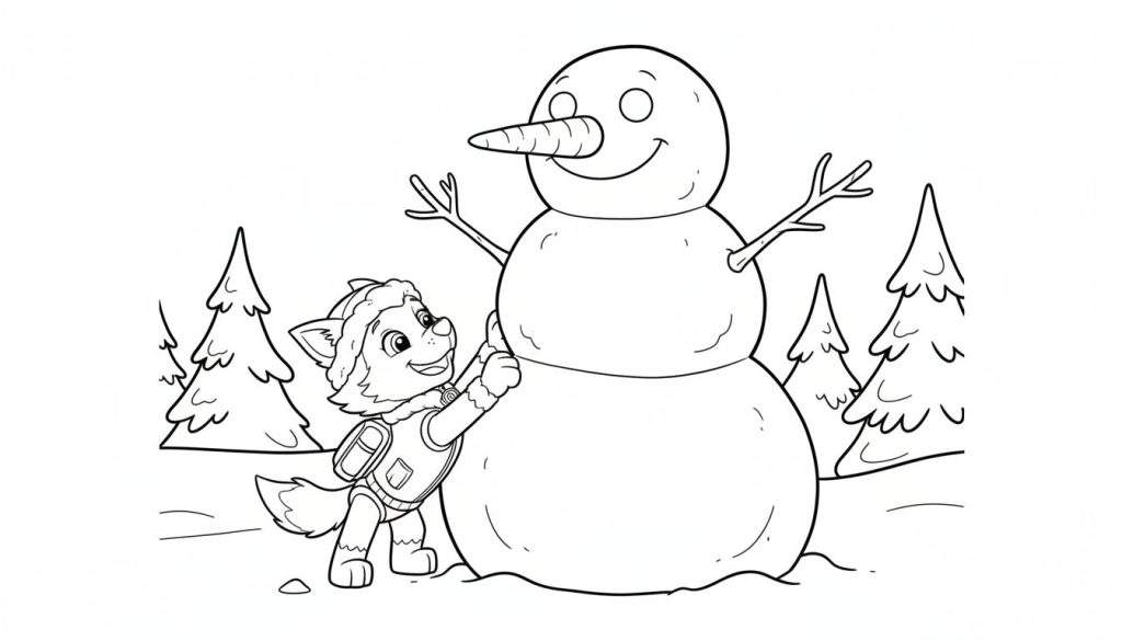 Kleurplaat van een vrolijke sneeuwpop en een lachende pup met muts, omringd door besneeuwde kerstbomen in een winterlandschap.