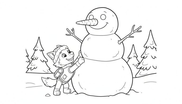 Kleurplaat van een vrolijke sneeuwpop en een lachende pup met muts, omringd door besneeuwde kerstbomen in een winterlandschap.