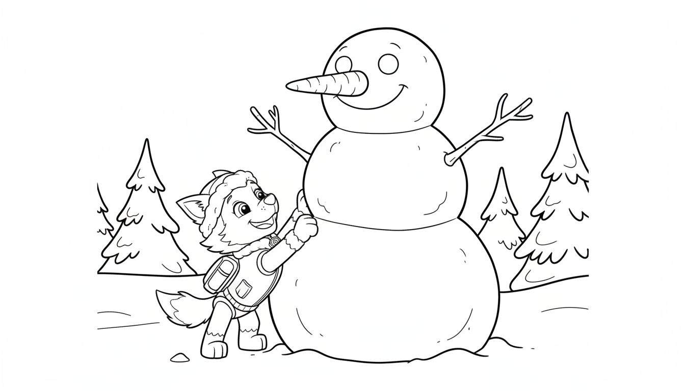 Kleurplaat van een vrolijke sneeuwpop en een lachende pup met muts, omringd door besneeuwde kerstbomen in een winterlandschap.