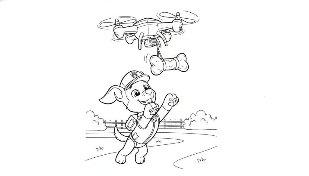 Kleurplaat van vrolijke puppy Chase met pet en rugzak, springend naar een bot dat door een drone wordt bezorgd. Hek en pad op de achtergrond.