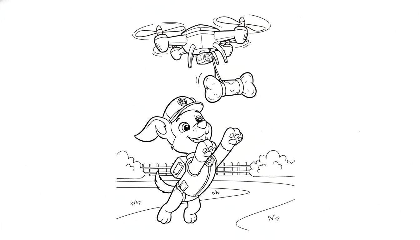 Kleurplaat van vrolijke puppy Chase met pet en rugzak, springend naar een bot dat door een drone wordt bezorgd. Hek en pad op de achtergrond.
