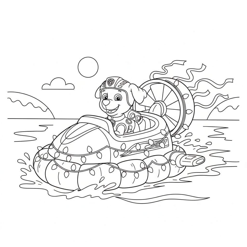 Kleurplaat van Marshall van Paw Patrol in een versierde boot op het water, met een lachende Marshall, helm, lichtjes, schoepenrad, golven en bergen op de achtergrond onder een zon.