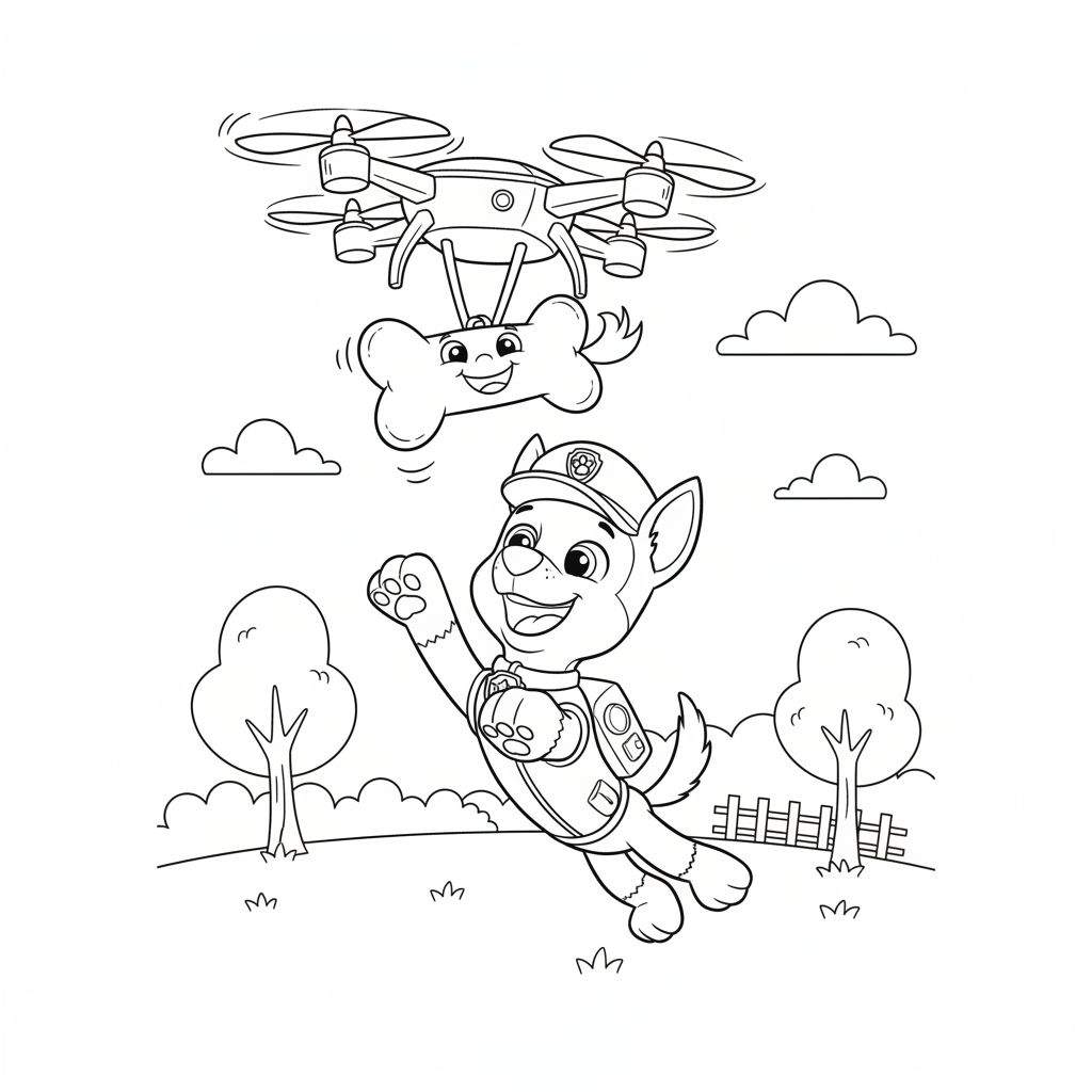 Kleurplaat van Chase (Paw Patrol) als vrolijke politiehond die springt, met drone die lachend bot vasthoudt, tegen een achtergrond van bomen, struiken en gras.