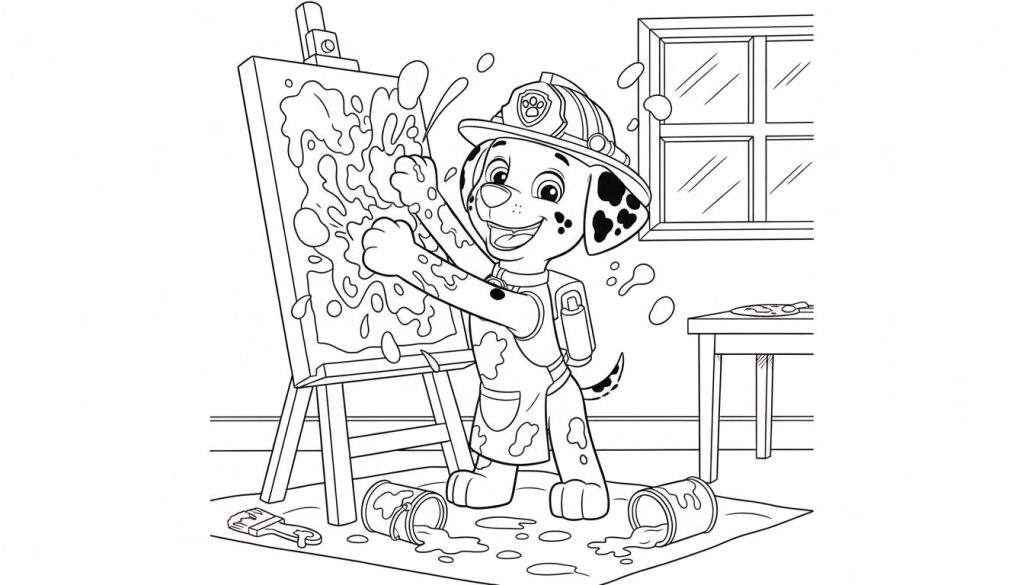 Kleurplaat van Marshall-achtige brandweerhond die vrolijk verf spettert op een doek, omringd door verfvlekken, omgevallen blikken en een raam op de achtergrond.