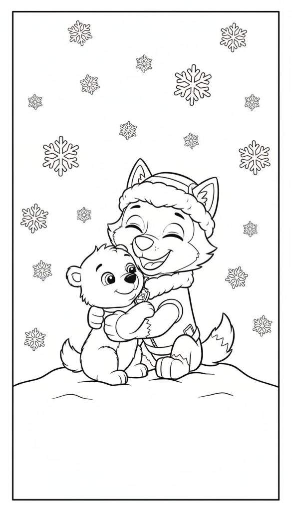 Zwart-wit lijntekening: Een grote husky-achtige hond (Everest) met wintermuts en een kleiner dier (berenwelpje/hondje) knuffelen lachend in de sneeuw, omringd door sneeuwvlokken.