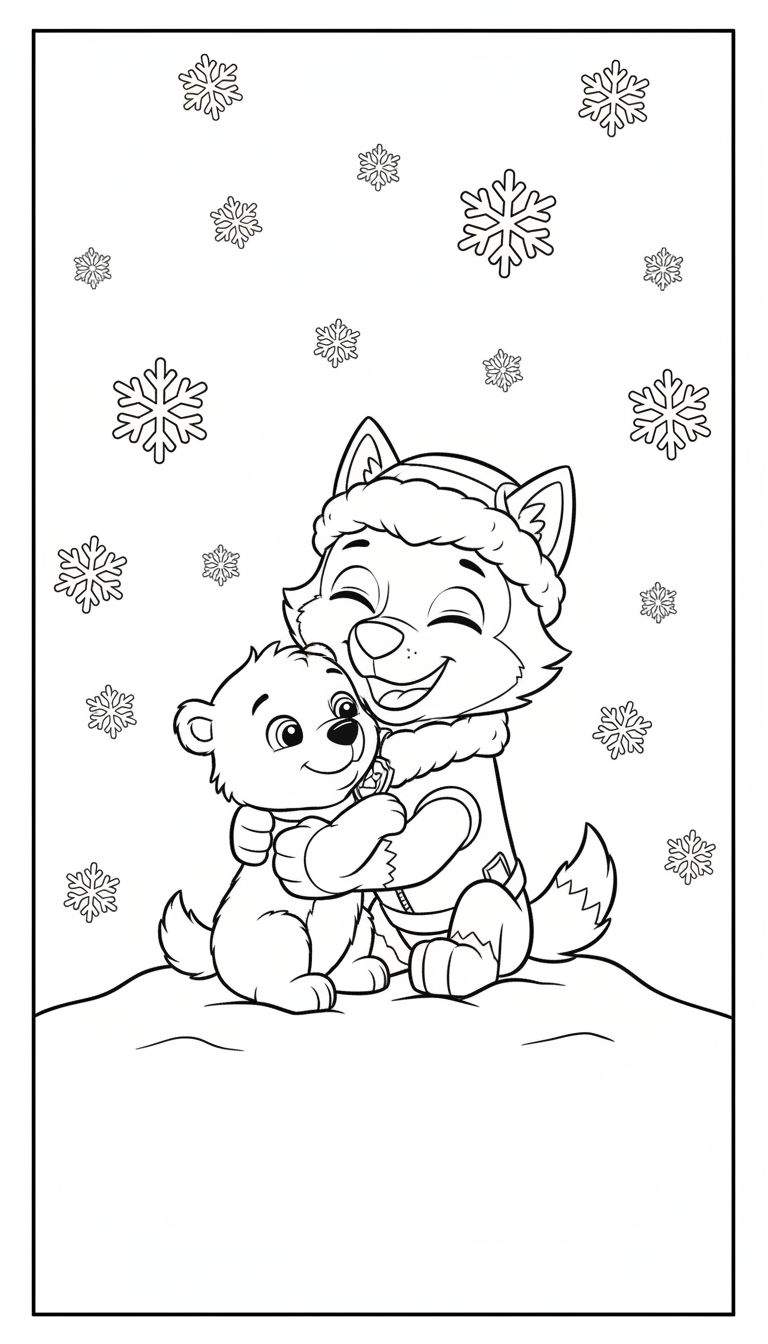 Zwart-wit lijntekening: Een grote husky-achtige hond (Everest) met wintermuts en een kleiner dier (berenwelpje/hondje) knuffelen lachend in de sneeuw, omringd door sneeuwvlokken.