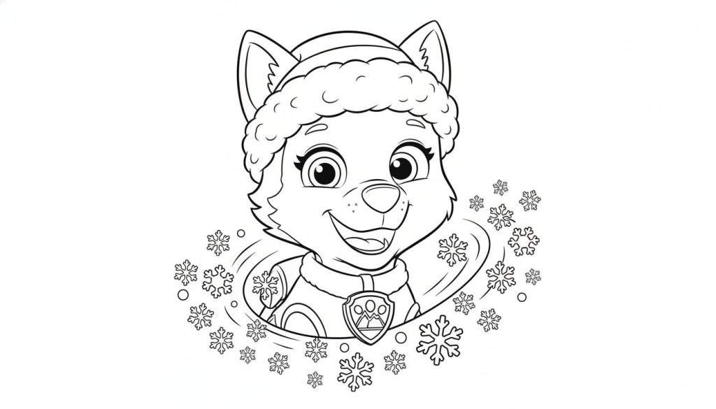 Zwart-wit kleurplaat van vrolijke cartoonhond Everest uit Paw Patrol met wintermuts, lachend en omringd door sneeuwvlokken.