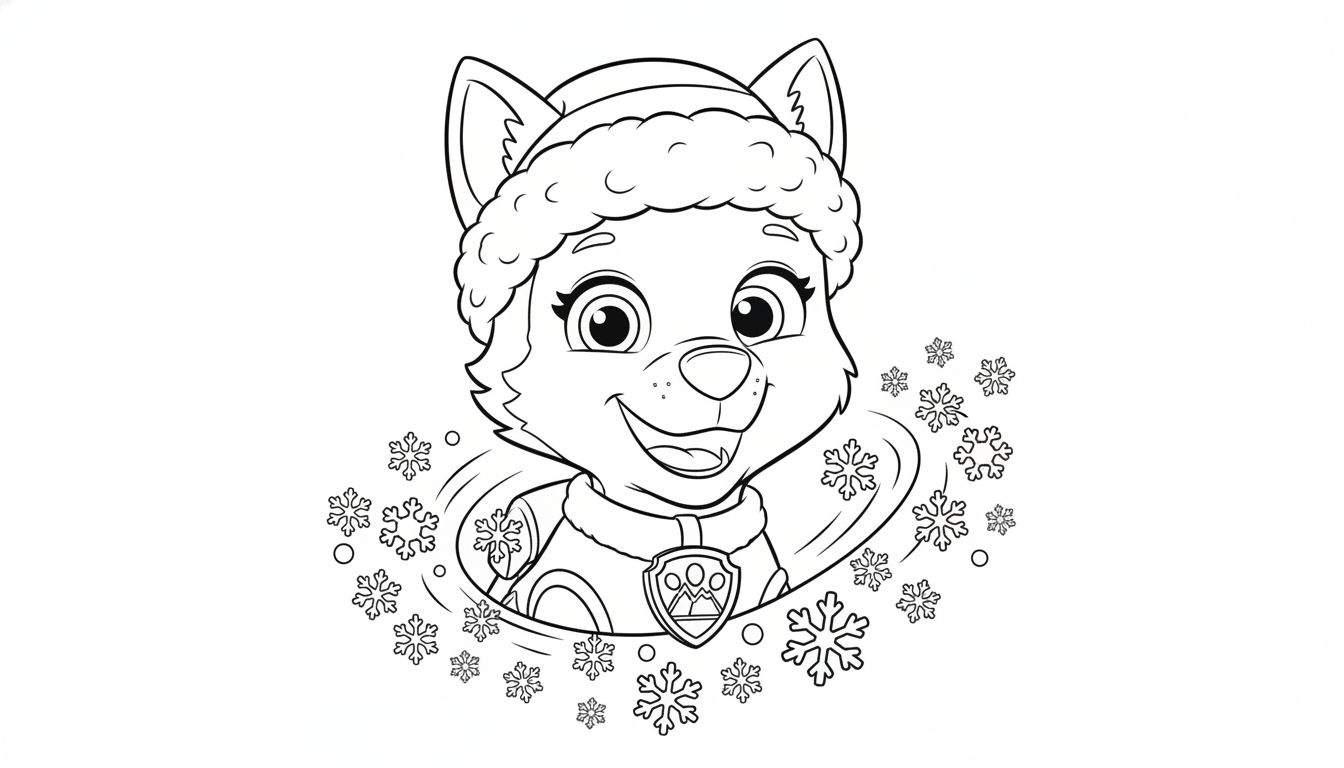 Zwart-wit kleurplaat van vrolijke cartoonhond Everest uit Paw Patrol met wintermuts, lachend en omringd door sneeuwvlokken.