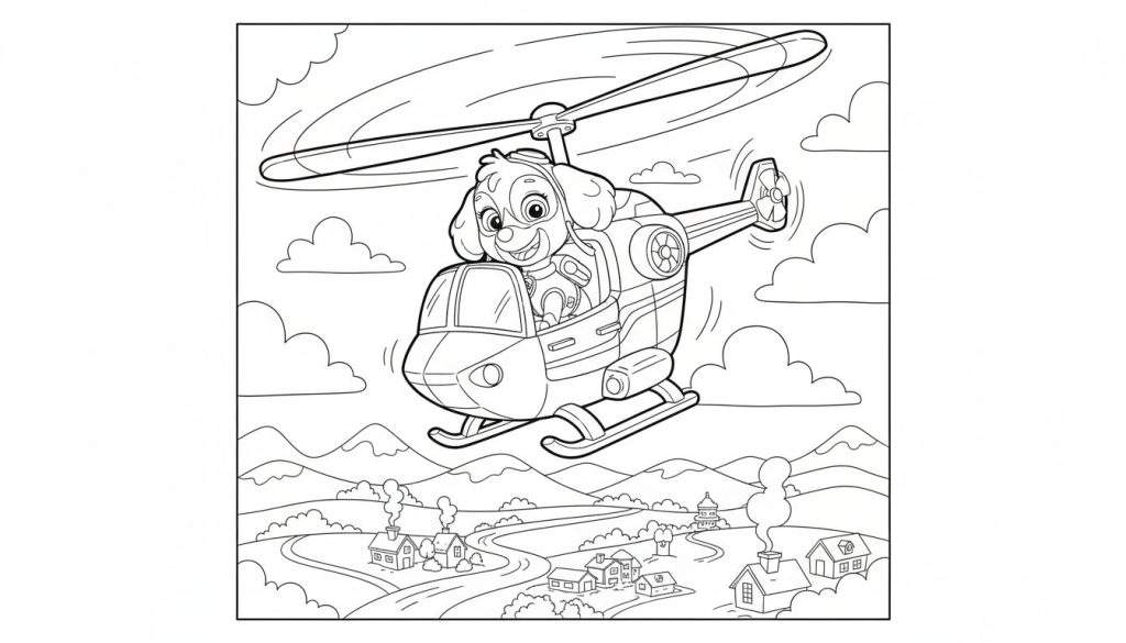 Vrolijke Skye-achtige hond met pilotenbril in helikopter boven idyllisch landschap met bergen, huizen, bomen en een kerk.