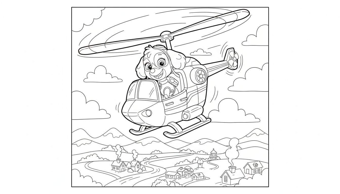 Vrolijke Skye-achtige hond met pilotenbril in helikopter boven idyllisch landschap met bergen, huizen, bomen en een kerk.