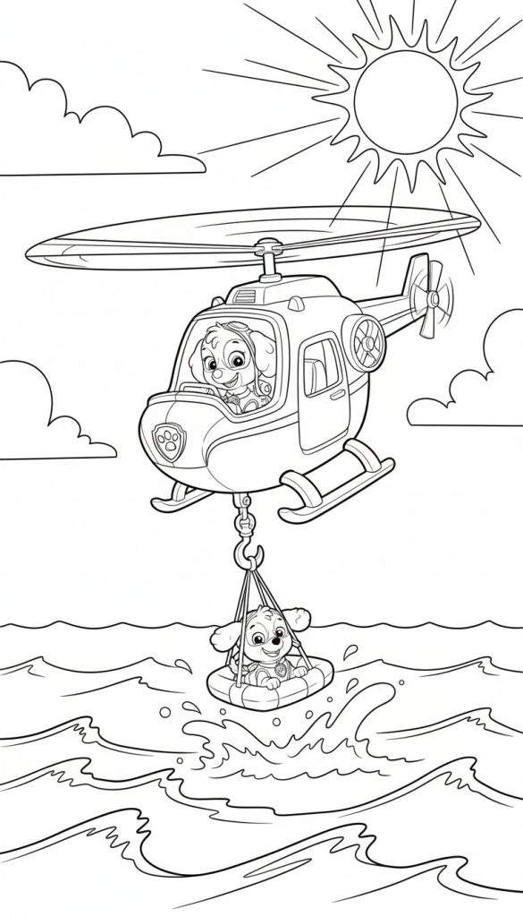 Kleurplaat van Paw Patrol Skye in haar roze helikopter die een ander hondje, waarschijnlijk Rocky, redt uit een woelige zee met golven en waterspatten, onder een stralende zon.
