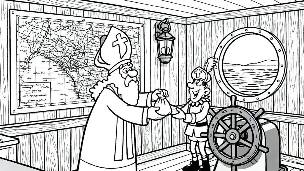 Zwart-wit kleurplaat van Sinterklaas die een zak met cadeautjes overhandigt aan Zwarte Piet in de kajuit van de pakjesboot, met een landkaart, patrijspoort en stuurwiel.