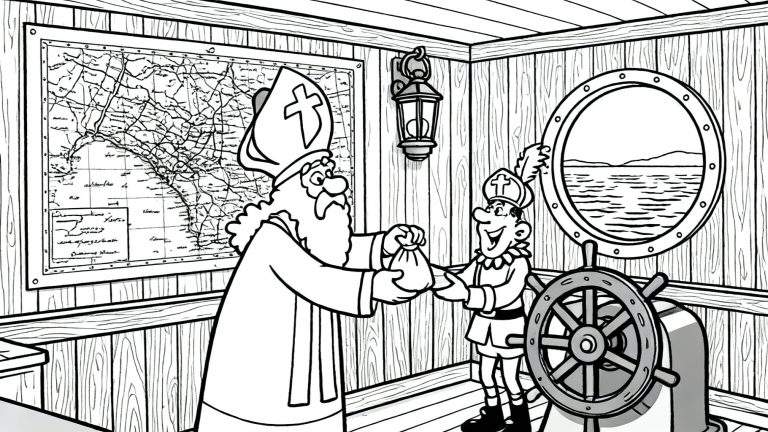 Zwart-wit kleurplaat van Sinterklaas die een zak met cadeautjes overhandigt aan Zwarte Piet in de kajuit van de pakjesboot, met een landkaart, patrijspoort en stuurwiel.