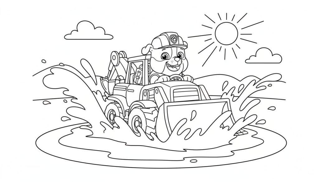 Zwart-witte kleurplaat van Rubble van Paw Patrol in een graafmachine die door water rijdt, met waterspatten en een zon op de achtergrond.