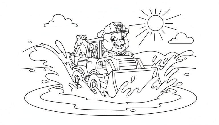 Zwart-witte kleurplaat van Rubble van Paw Patrol in een graafmachine die door water rijdt, met waterspatten en een zon op de achtergrond.