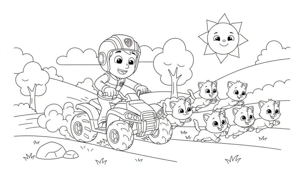 Zwart-wit kleurplaat: Ryder op quad, omringd door zeven lachende katjes, rijdend op een onverhard pad in heuvelachtig landschap met lachende zon en wolken.