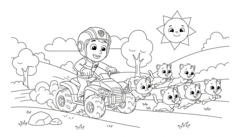 Zwart-wit kleurplaat: Ryder op quad, omringd door zeven lachende katjes, rijdend op een onverhard pad in heuvelachtig landschap met lachende zon en wolken.