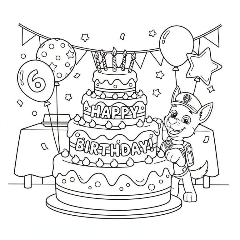 Kleurplaat van Chase van Paw Patrol die een zesde verjaardag viert met een grote taart, zes brandende kaarsjes, 'HAPPY BIRTHDAY!' tekst en diverse feestballonnen.