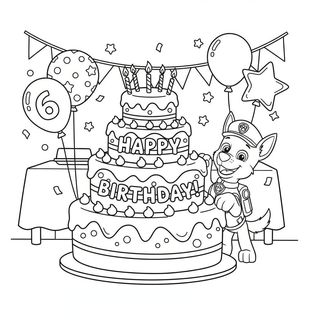 Kleurplaat van Chase van Paw Patrol die een zesde verjaardag viert met een grote taart, zes brandende kaarsjes, 'HAPPY BIRTHDAY!' tekst en diverse feestballonnen.