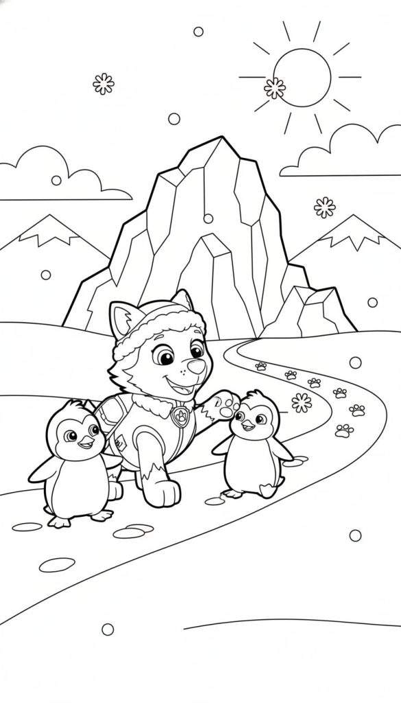 Kleurplaat van Everest van Paw Patrol in winters pak en muts, die glimlachend een pinguïn streelt, terwijl een tweede pinguïn toekijkt. Ze staan op een besneeuwd pad met pootafdrukken, omringd door ruige sneeuwbergen, sneeuwvlokken en een stralende zon.