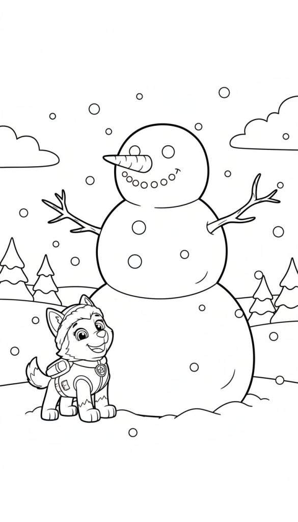 Kleurplaat van Paw Patrol's Everest hondje met een warme muts naast een vrolijke sneeuwpop in een besneeuwd winterlandschap met dennenbomen en sneeuwvlokken.