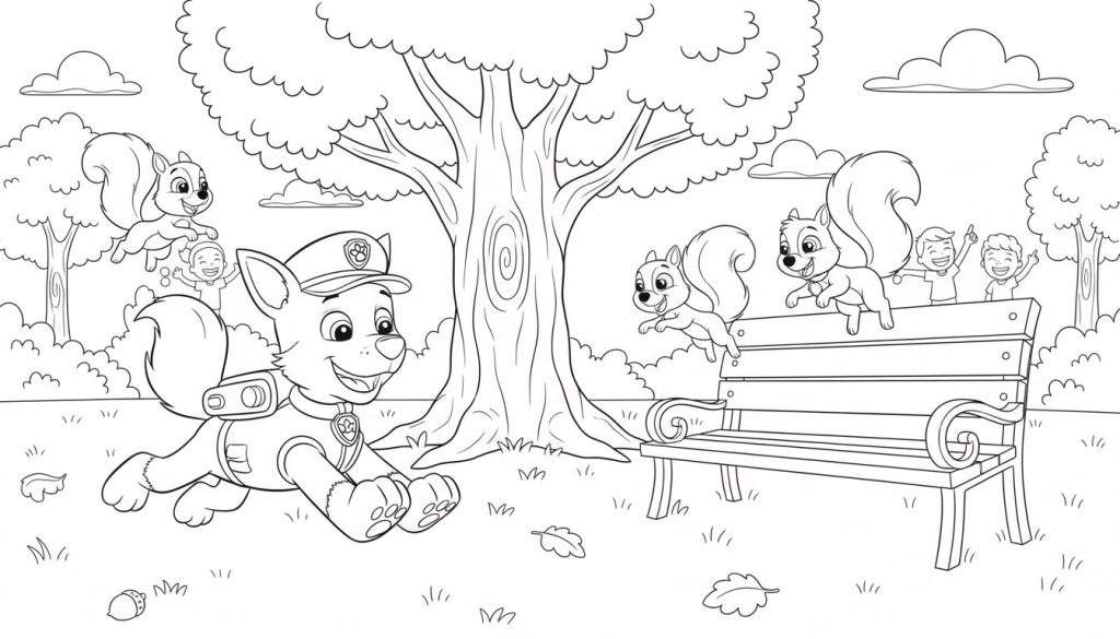 Kleurplaat van Rocky van Paw Patrol die vrolijk rent in een herfstpark, omringd door spelende eekhoorns, lachende kinderen en grote bomen. Herfstbladeren en een eikel liggen op de grond.