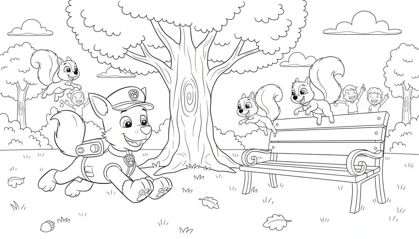 Kleurplaat van Rocky van Paw Patrol die vrolijk rent in een herfstpark, omringd door spelende eekhoorns, lachende kinderen en grote bomen. Herfstbladeren en een eikel liggen op de grond.