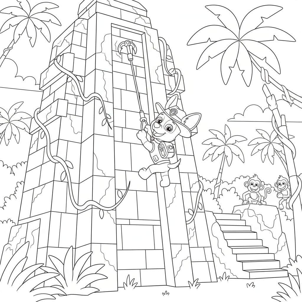Zwart-wit kleurplaat van Tracker van Paw Patrol die aan een touw tegen een oude jungle piramide klimt, met lianen, palmbomen, struiken en twee lachende aapjes op de achtergrond.