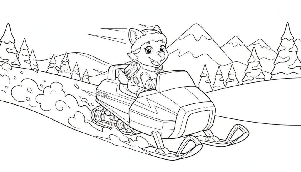 Zwart-wit kleurplaat van Everest, het hondje van Paw Patrol, lachend op een sneeuwscooter die door de sneeuw rijdt in een dynamisch winterlandschap met bergen en dennenbomen.