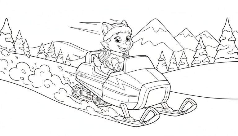Zwart-wit kleurplaat van Everest, het hondje van Paw Patrol, lachend op een sneeuwscooter die door de sneeuw rijdt in een dynamisch winterlandschap met bergen en dennenbomen.