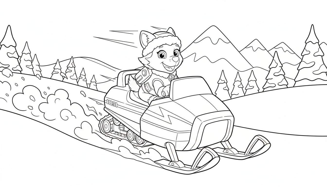 Zwart-wit kleurplaat van Everest, het hondje van Paw Patrol, lachend op een sneeuwscooter die door de sneeuw rijdt in een dynamisch winterlandschap met bergen en dennenbomen.
