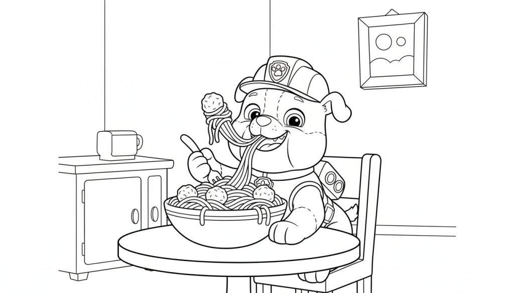 Zwart-wit kleurplaat van Rubble uit Paw Patrol die lachend aan tafel spaghetti met gehaktballen eet, een duim omhoog geeft en een pet en uniform draagt.