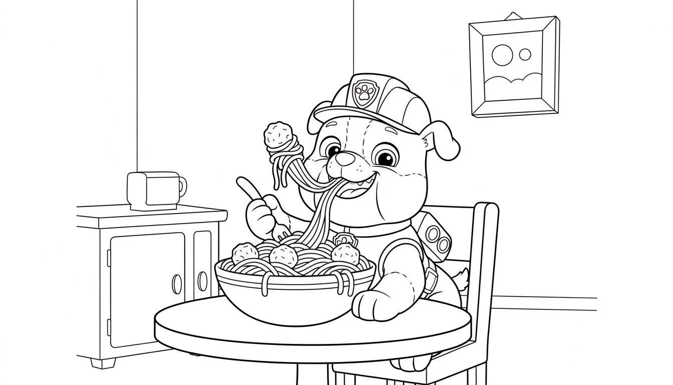 Zwart-wit kleurplaat van Rubble uit Paw Patrol die lachend aan tafel spaghetti met gehaktballen eet, een duim omhoog geeft en een pet en uniform draagt.