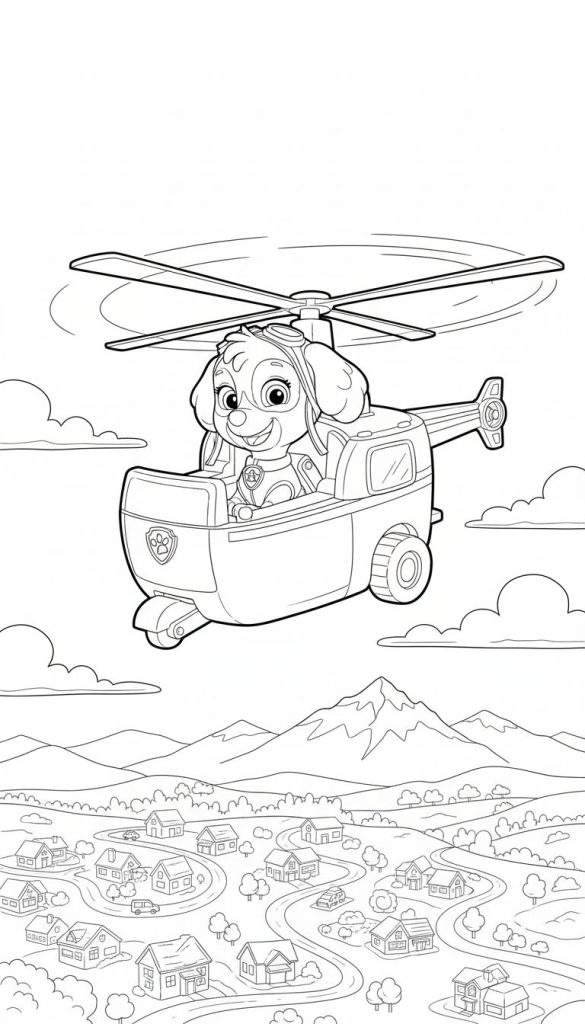 Kleurplaat van lachende Skye van Paw Patrol in helikopter met pilotenmuts, zwevend boven een dorp met huizen en bergen op de achtergrond.