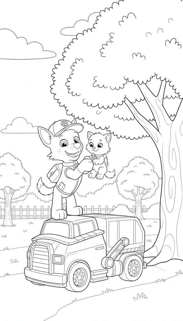 Zwart-wit Paw Patrol kleurplaat van Rocky, de grijze hond, die een glimlachend katje vasthoudt op de cabine van zijn recyclingvrachtwagen, met een landschap van bomen, een houten hek en wolken op de achtergrond.