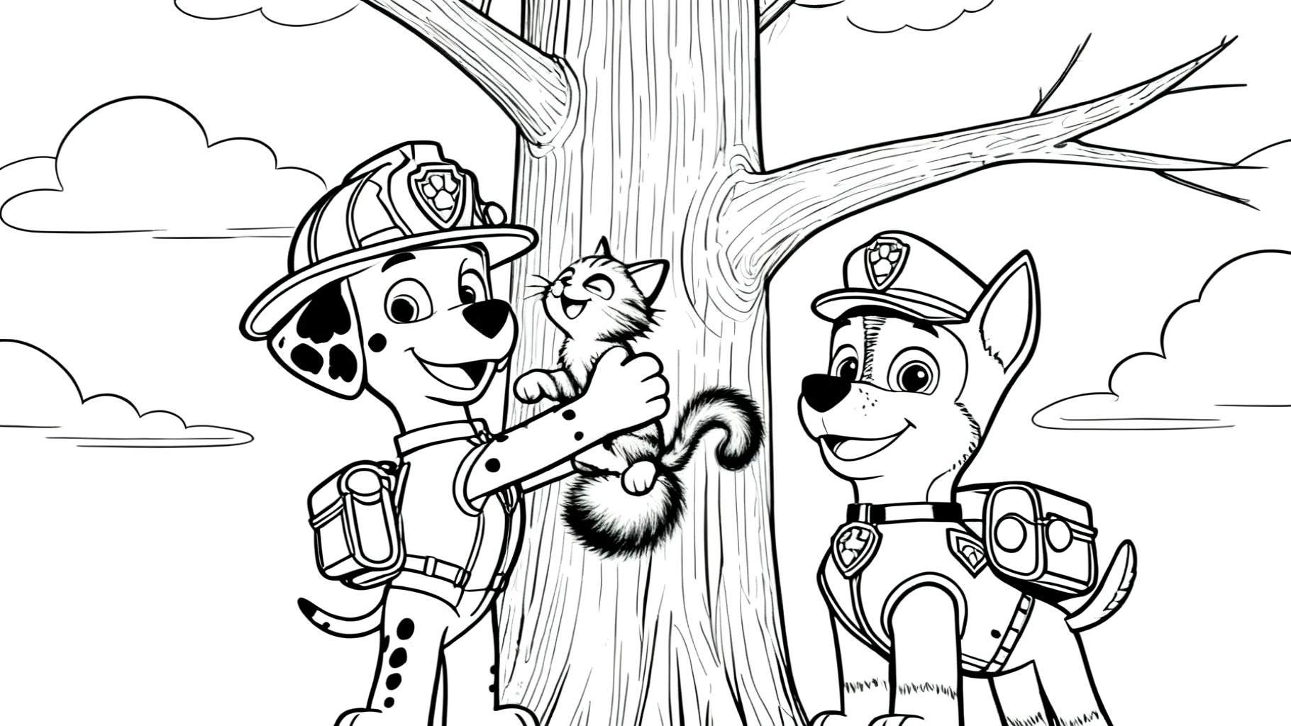Zwart-wit kleurplaat met Paw Patrol helden Marshall (dalmatiër) en Chase (Duitse herder) die vrolijk spelen met een gestreepte kat bij een grote boom, met wolken in de lucht.