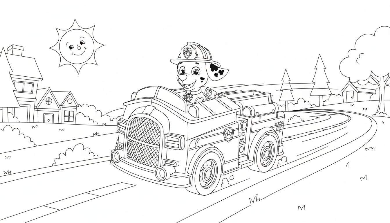 Kleurplaat van Marshall van Paw Patrol in zijn brandweerwagen, rijdend door een landelijk landschap met huizen, bomen en een lachende zon.