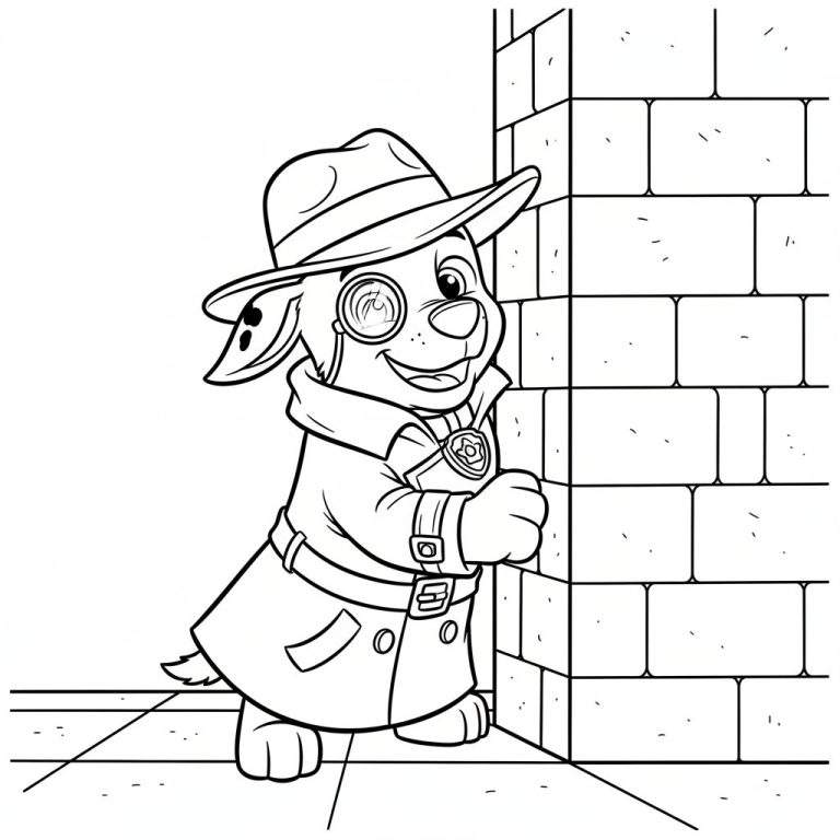 Kleurplaat van een vrolijke cartoon hond, Detective Chase, verkleed met fedora, trenchcoat en monocle, loerend om een bakstenen muur.