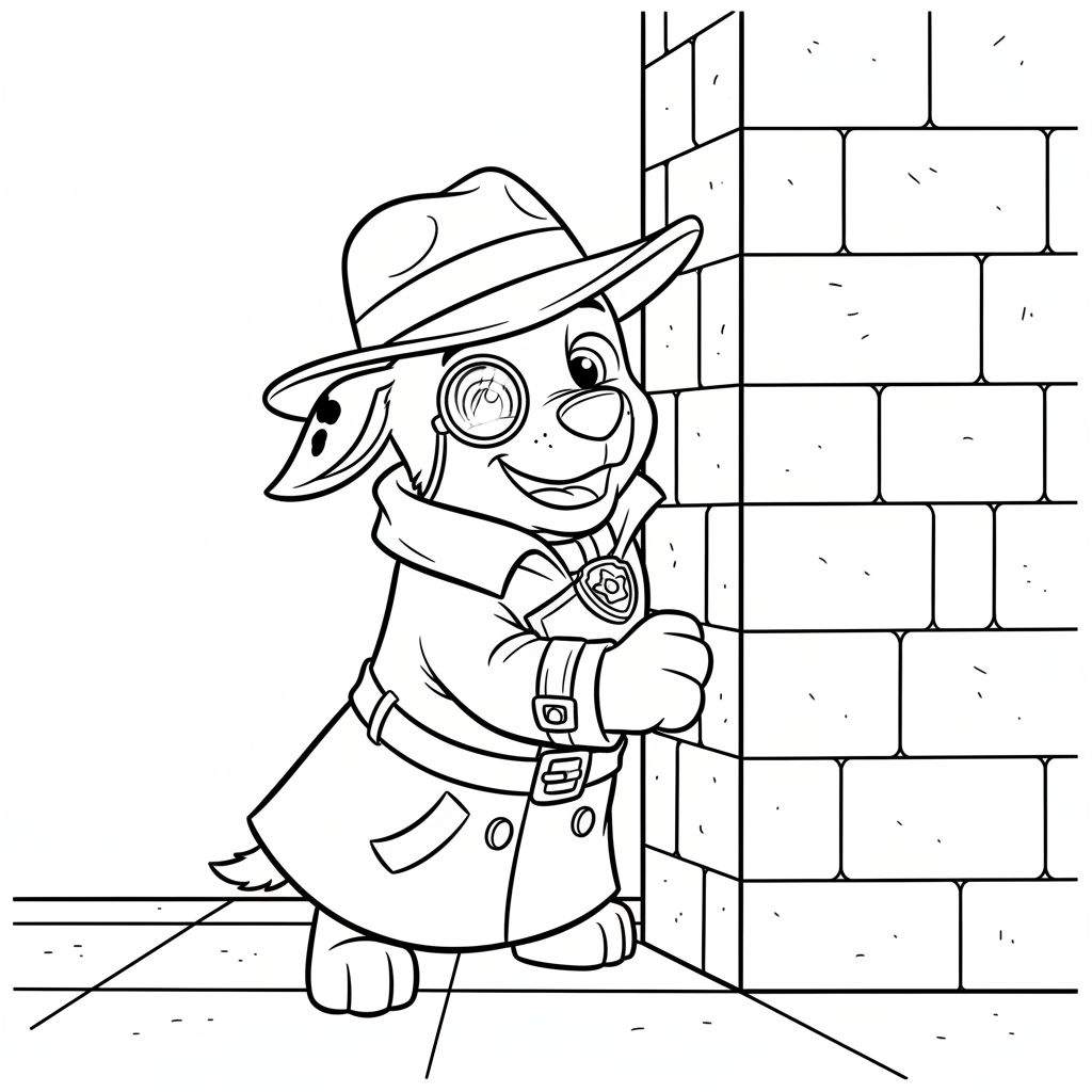 Kleurplaat van een vrolijke cartoon hond, Detective Chase, verkleed met fedora, trenchcoat en monocle, loerend om een bakstenen muur.
