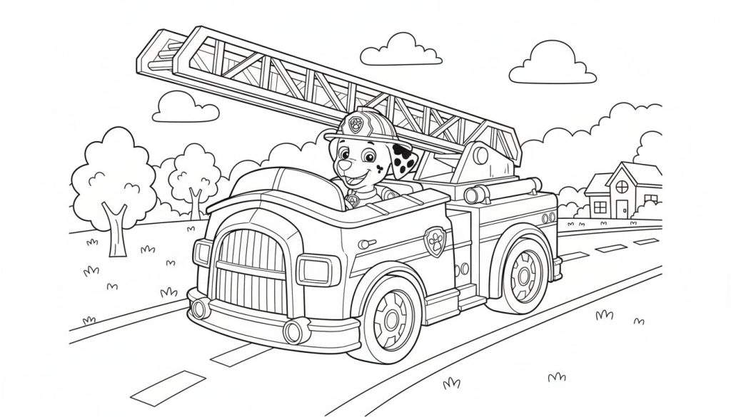 Zwart-wit kleurplaat van Marshall van Paw Patrol, een lachende dalmatiër in zijn brandweerwagen met ladder, rijdend op een weg met bomen, huizen en wolken op de achtergrond.